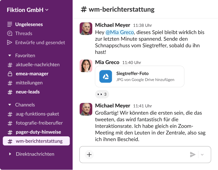 Slack-Unterhaltung im Channel zur Weltmeisterschaft, in der Carmen Vega ein „Foto vom entscheidenden Tor“ aus Google Drive zur Interaktion in sozialen Netzwerken teilt.