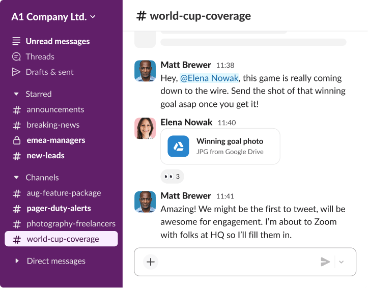 A Slack conversation in the world-cup-coverage channel where Carmen Vega shares a 'Winning Goal Photo' from Google Drive for social media engagement.