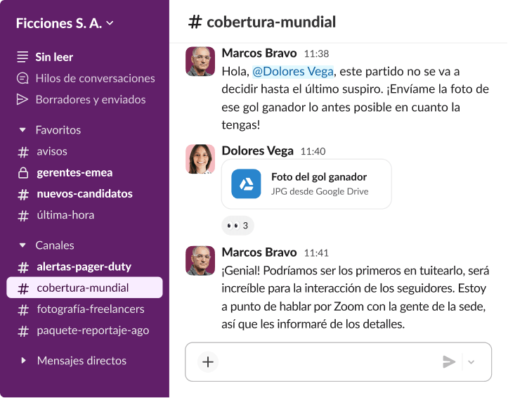 Una conversación de Slack en el canal cobertura-copa-mundo en la que Carmen Vega comparte una “fotografía de un gol ganador” de Google Drive para las interacciones en redes sociales.