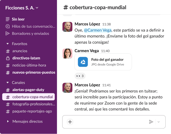 Una conversación de Slack en el canal de cobertura-copa-mundial, en el que Carmen Vega comparte una «foto del gol ganador» de Google Drive para conseguir interacciones en redes sociales.