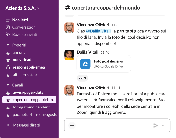 Una conversazione Slack nel canale copertura-coppa-del-mondo in cui Beatrice Mancini condivide una “Foto del gol della vittoria” da Google Drive per aumentare l’engagement sui social media.