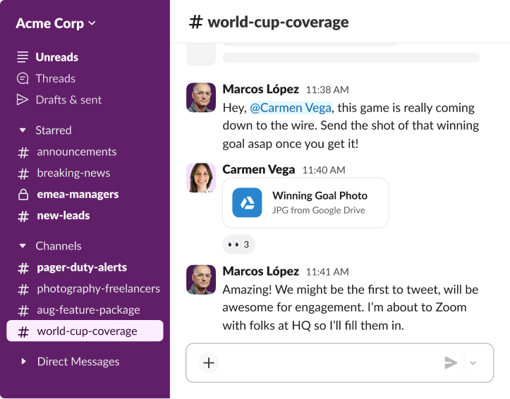 A Slack conversation in the world-cup-coverage channel where Carmen Vega shares a "Winning Goal Photo" from Google Drive for social media engagement.