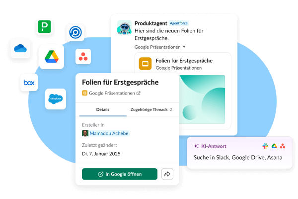 Beispiele von Slack für Drittanbieteranwendungen – Google Slides, Agentforce Product Agent und mehr
