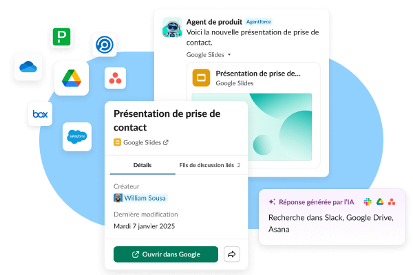 Exemples d’applications tierces de Slack : Google Slides, Agentforce Product Agent et bien d’autres encore.