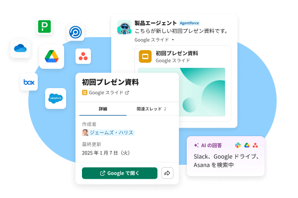 Slack で使えるサードパーティー製アプリケーションの例 : Google Slides、Agentforce Product Agent など