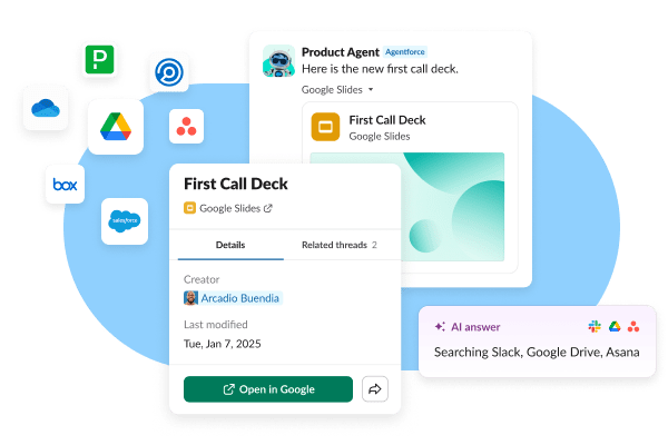 Slack's third party application examples - Google Slides, Agentforce Product Agent and more
