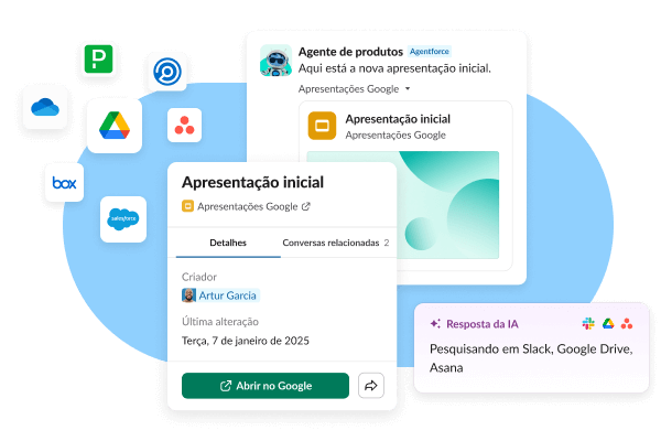 Exemplos de apps de terceiros no Slack: Apresentações Google, Agente de produto do Agentforce e mais.