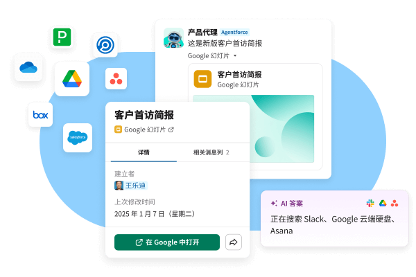 Slack 的第三方应用示例：Google Slides、Agentforce Product Agent 等