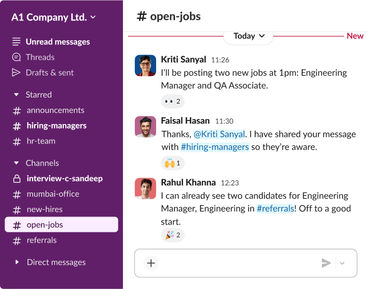 A Slack channel named open-jobs where recruiters discuss posting new Engineering Manager and QA Associate roles.