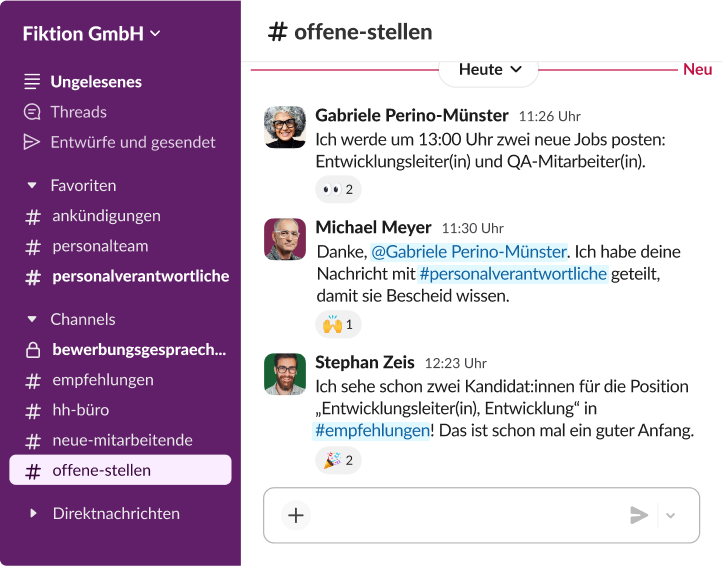 Ein Slack-Channel namens „offene-stellen“, in denen Personen sich über das Posten neuer Stellen als Entwicklungsleiter(in) und QA-Mitarbeiter(in) unterhalten.