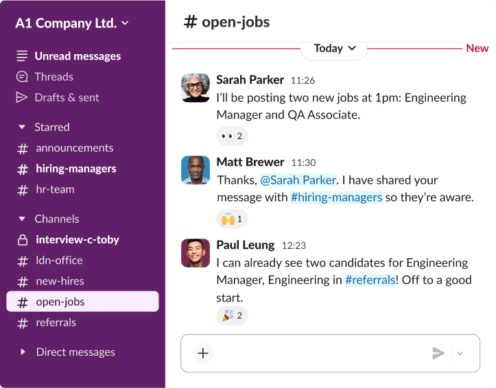 A Slack channel named open-jobs where recruiters discuss posting new Engineering Manager and QA Associate roles.