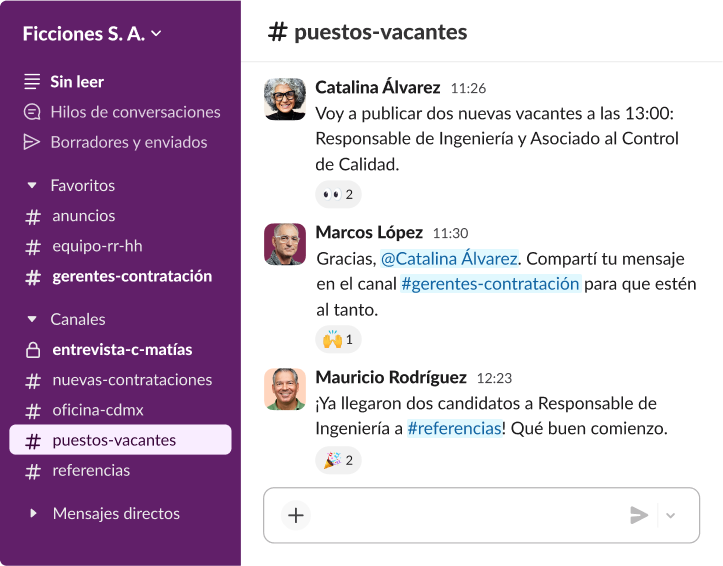 Un canal de Slack llamado trabajos-disponibles en el que los reclutadores hablan de publicar puestos nuevos de gerente de ingeniería y asociado de control de calidad.