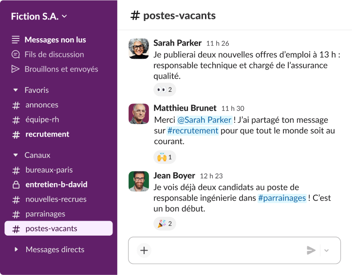 Un canal Slack intitulé postes-vacants, dans lequel les recruteurs discutent de la publication de nouvelles offres d’emploi pour des postes de responsable en ingénierie et responsable de l’assurance qualité.