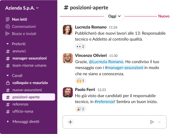 Un canale Slack chiamato “posizioni-aperte” in cui i reclutatori discutono della pubblicazione di nuovi annunci di lavoro per le posizioni di Responsabile tecnico e Addetto al controllo qualità.