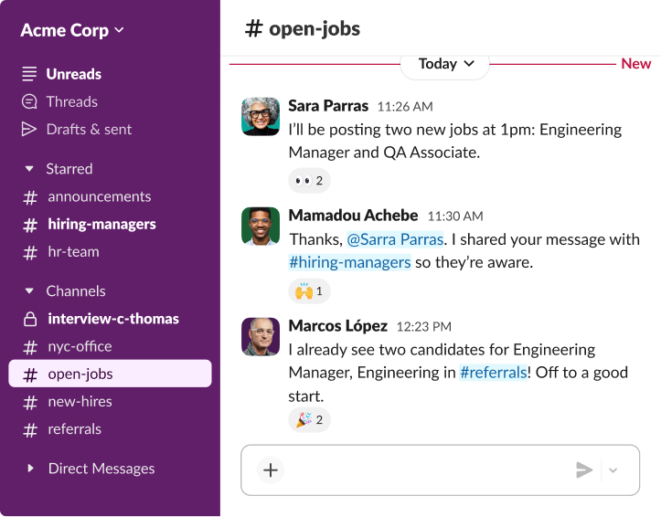 A Slack channel named open-jobs where recruiters discuss posting new Engineering Manager and QA Associate roles.