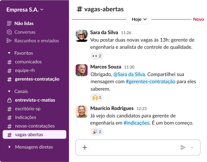 Canal do Slack chamado “vagas-abertas”, no qual recrutadores discutem a postagem de novas vagas para Gerente de engenharia e Analista de controle de qualidade.