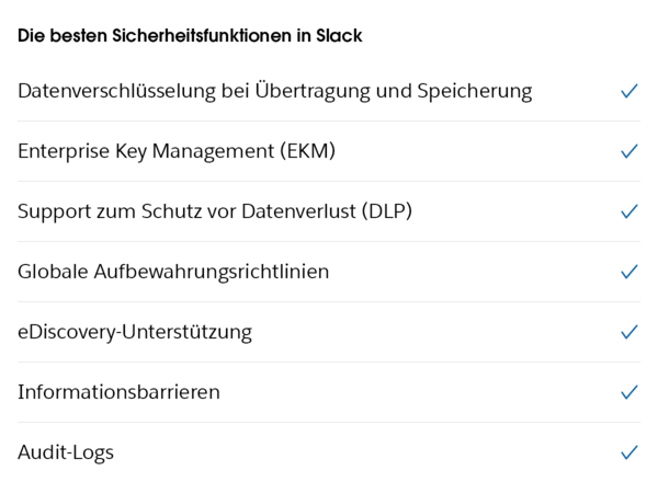 Die wichtigsten Slack-Sicherheitsfunktionen für Schutzmaßnahmen wie Datenverschlüsselung, Enterprise Key Management, Schutz vor Datenverlust und Audit-Protokolle.