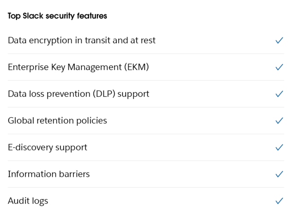 Top Slack security features highlighting key protections such as data encryption, Enterprise Key Management, data loss prevention and audit logs.