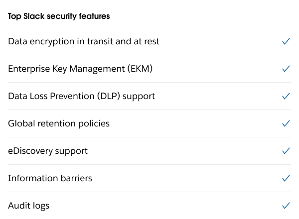 Top Slack security features highlighting key protections such as data encryption, enterprise key management, data loss prevention, and audit logs.