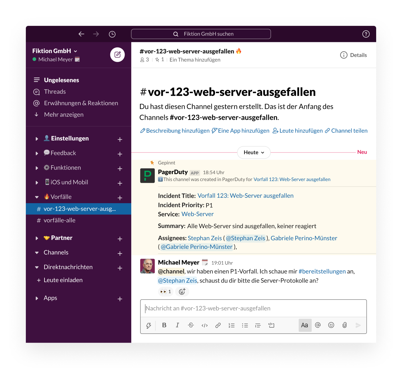 Ein PagerDuty-Hinweis in Slack