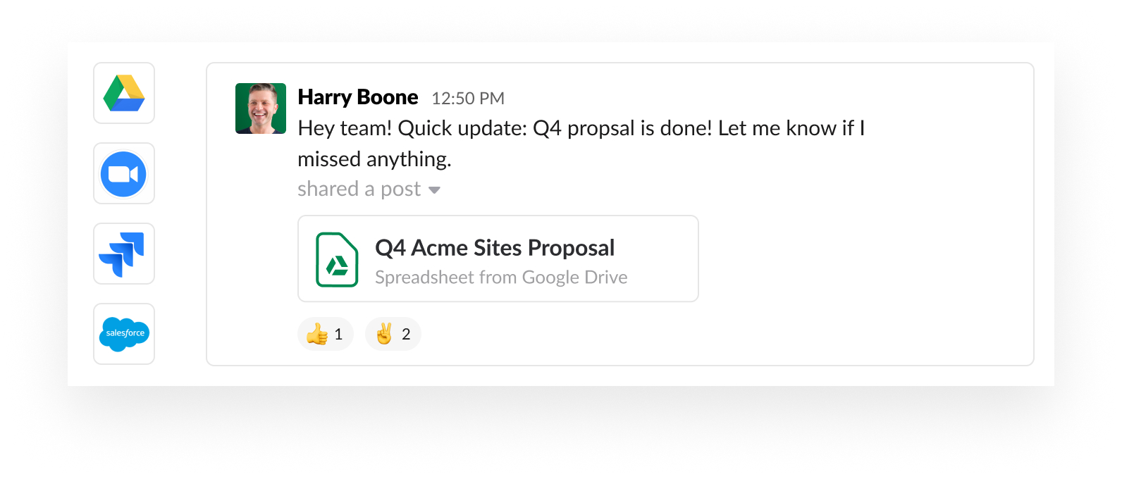 Slack UI image with app partner icons such as Google, Zoom, Jira and Salesforce
