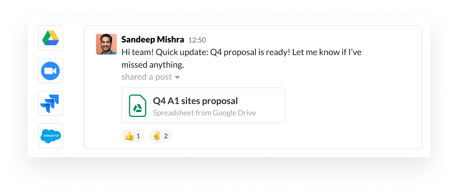 Slack UI image with app partner icons such as Google, Zoom, Jira and Salesforce