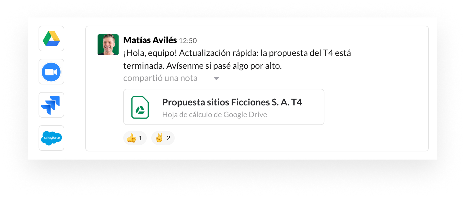 Imagen de la interfaz de usuario de Slack con iconos de socios de aplicaciones como Google, Zoom, Jira y Salesforce