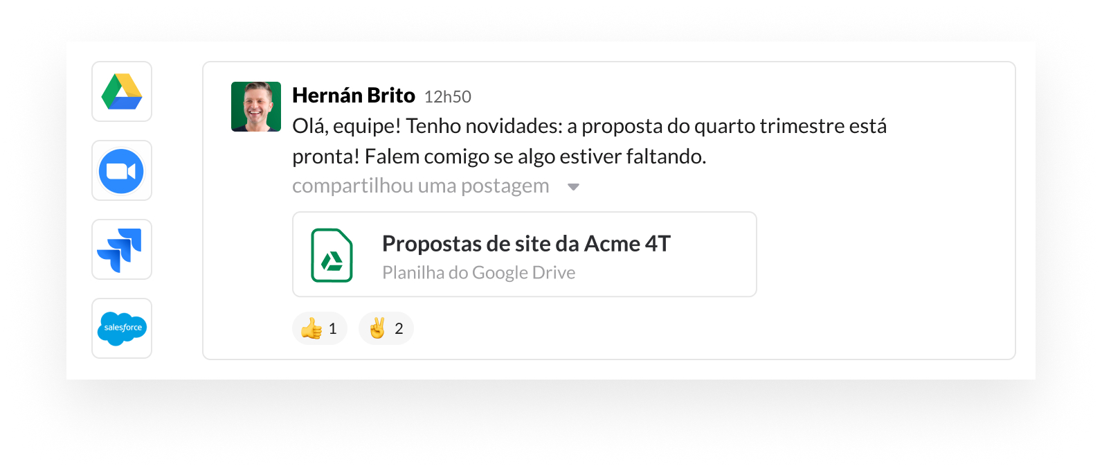 Imagem da interface do usuário do Slack com ícones de apps parceiros, como Google, Zoom, Jira e Salesforce