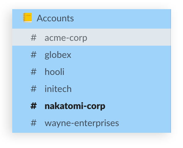 screenshot of a list of sales account channels in a section