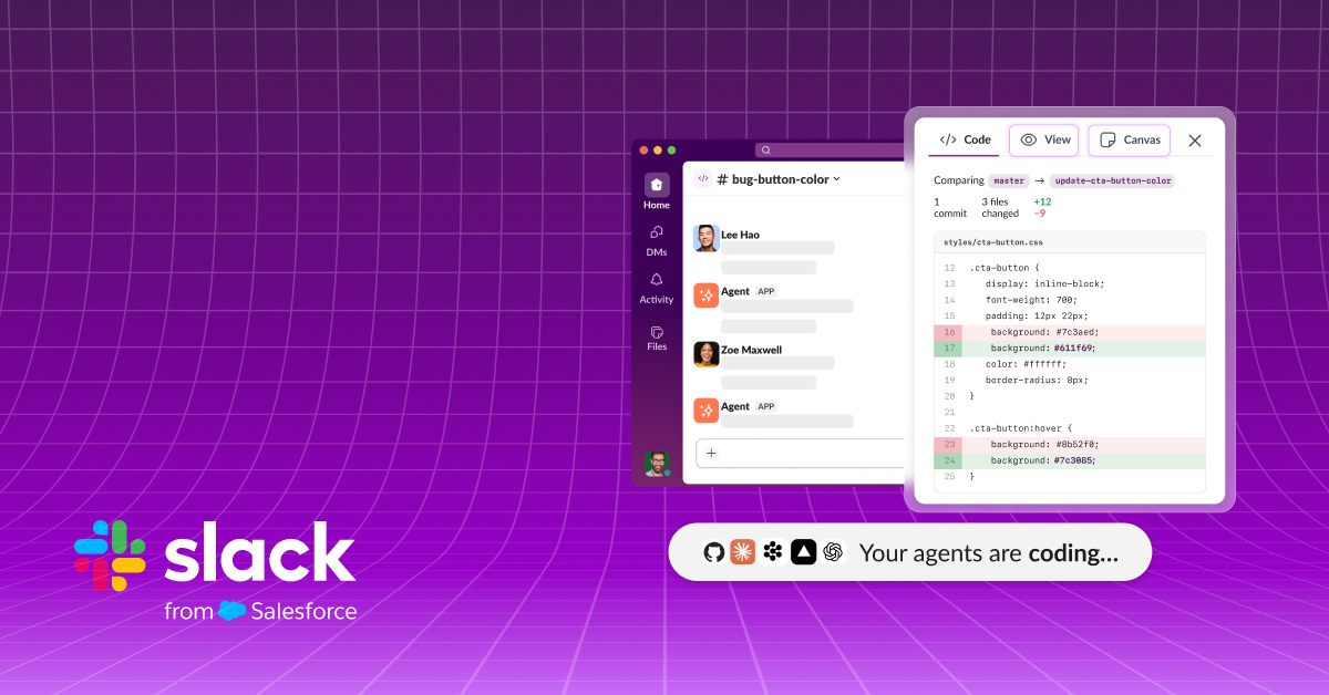 Slack Code hero graphic showing a team and AI agents building together in a Slack channel