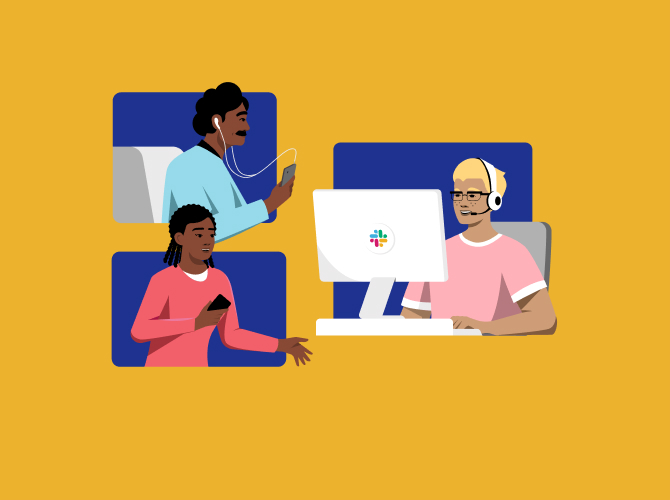 An illustrated image of 3 people using Slack for customer service - one on their mobile, another at a desktop, another talking on a cell phone