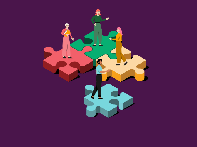 Illustration représentant quatre personnes debout sur des pièces de puzzle séparées aux couleurs de Slack