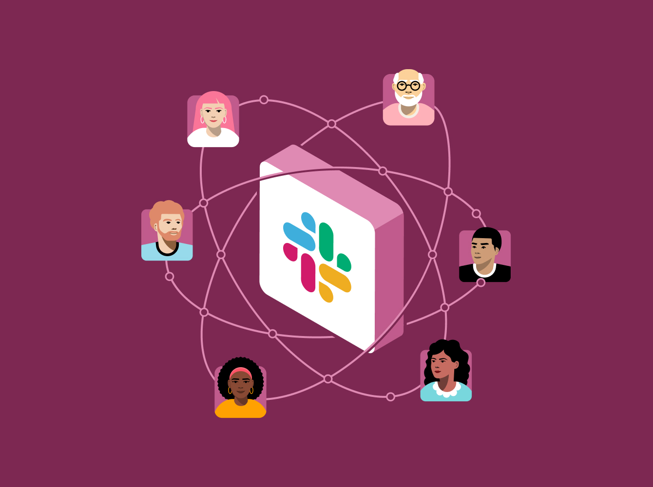 An illustrated image of six individuals interconnected by circles, surrounding the Slack icon