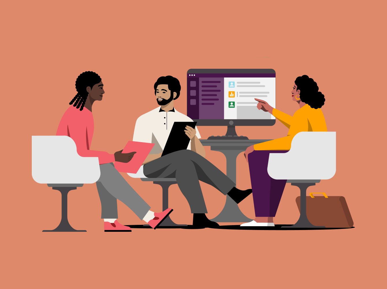 Illustration représentant trois personnes qui collaborent autour d’une table avec l’interface Slack projetée sur le mur du fond.