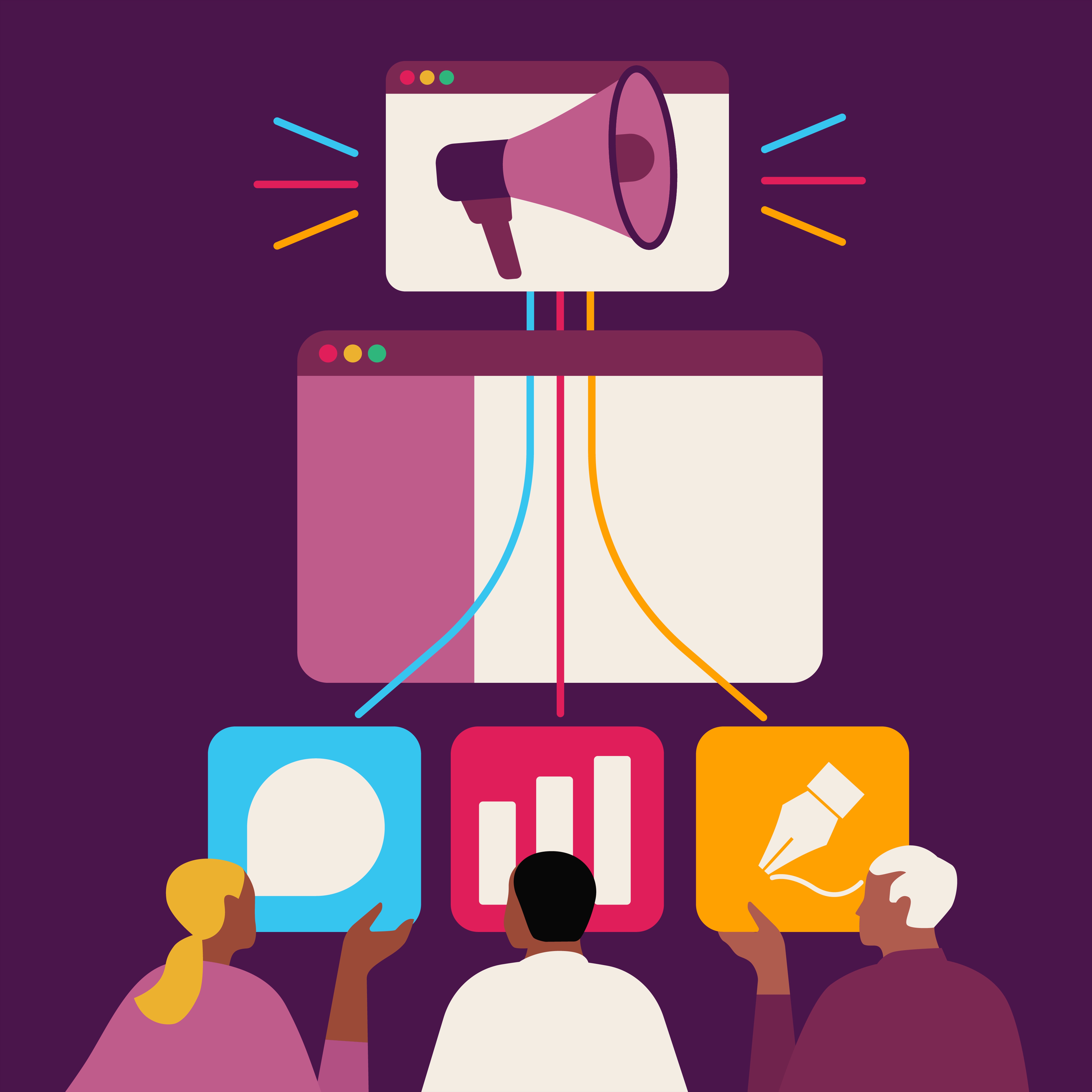 Illustration of three people having a discussion. The discussion is represented by a speech bubble, chart, and pen. There are lines that connect these images to a Slack workspace and a megaphone.