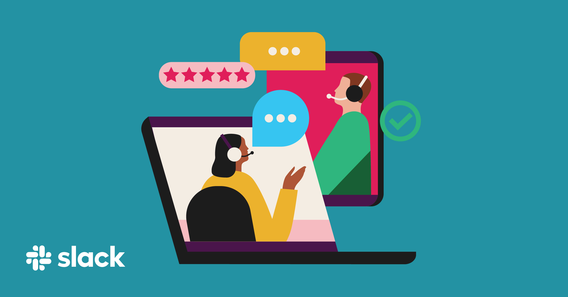 Vector image of two individuals on a laptop and tablet with conversation bubbles and 5 five stars to depict great customer service