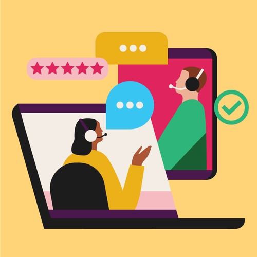Woman talking to a man on a headset in an abstracted image of a computer and a tablet with five stars and a check in the background