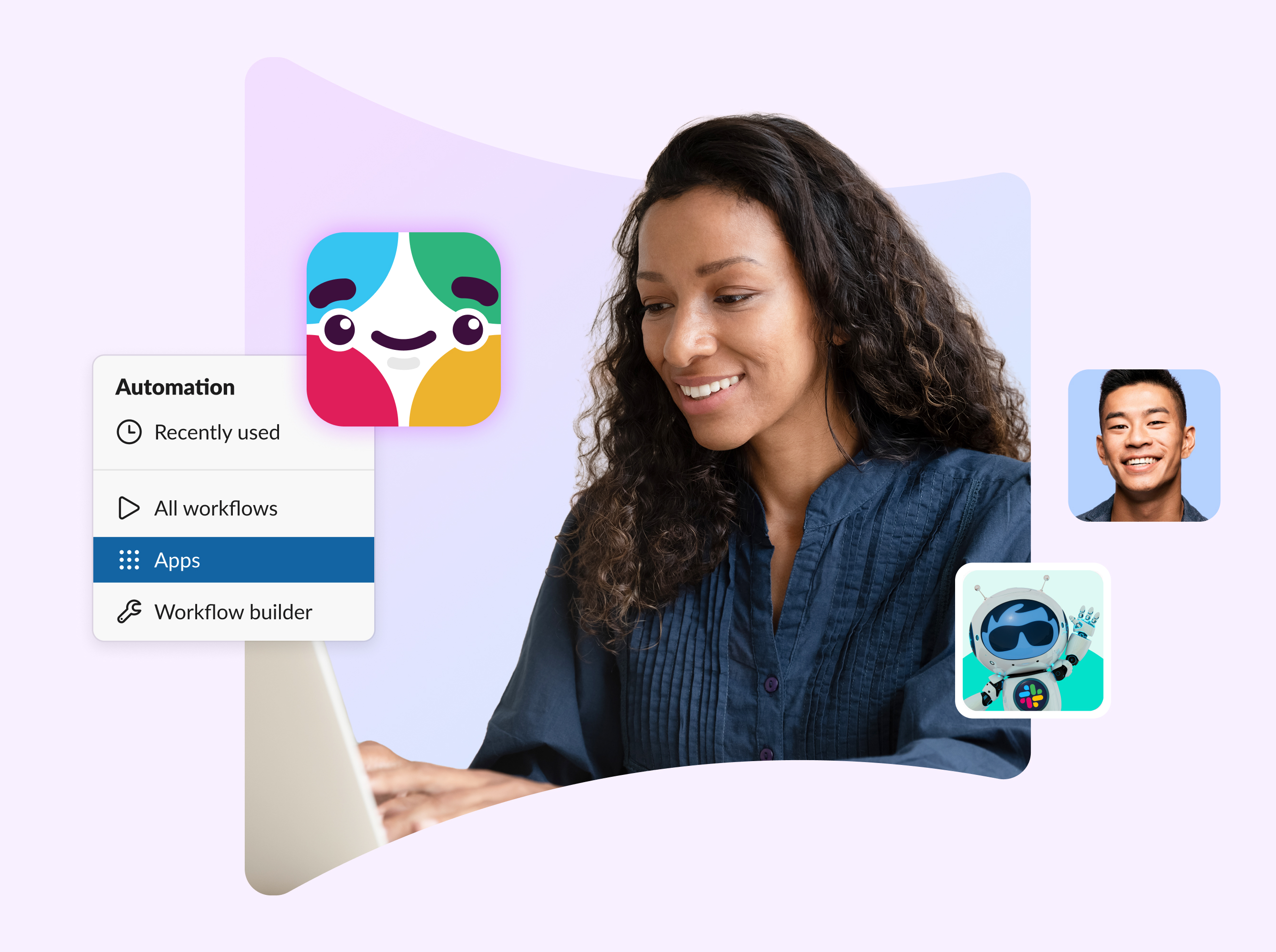 Woman on the laptop with Slackbot UI image and Slack astro in the background