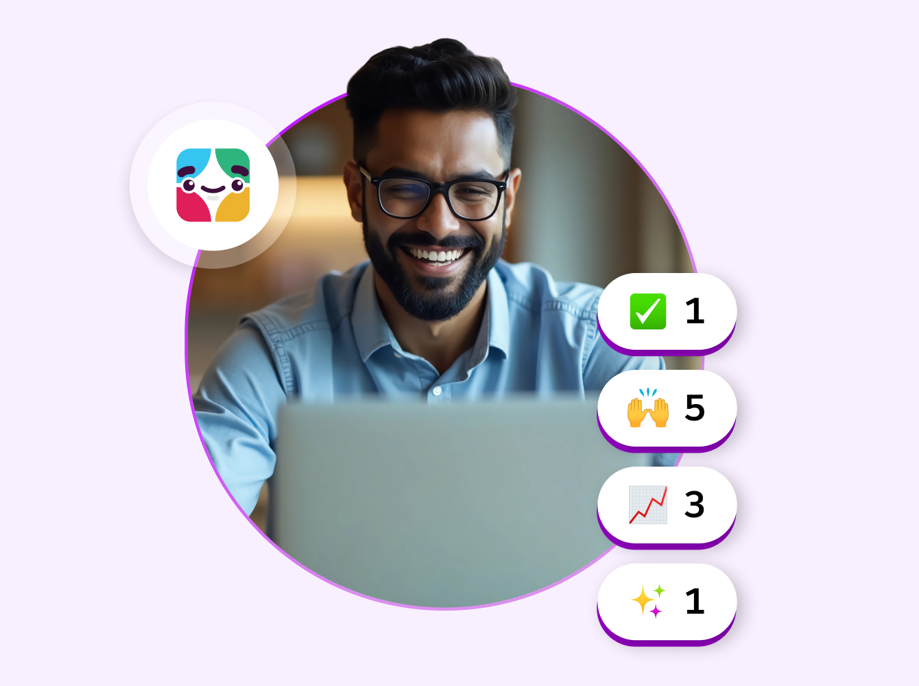 Person smiling at laptop with Slack emoji reactions showing team engagement.