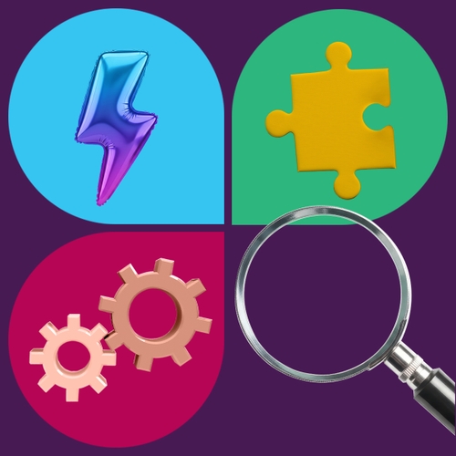 data discovery tools, symbolized by a lighting bolt, gears, and a puzzle piece