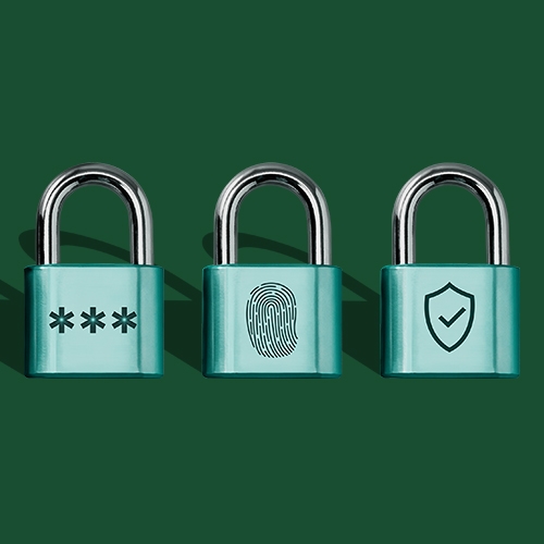 multi factor authentication, symbolized by three locks with different symbols on them