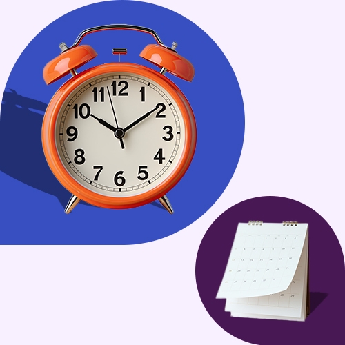 Time management, symbolized by a clock and a notepad.