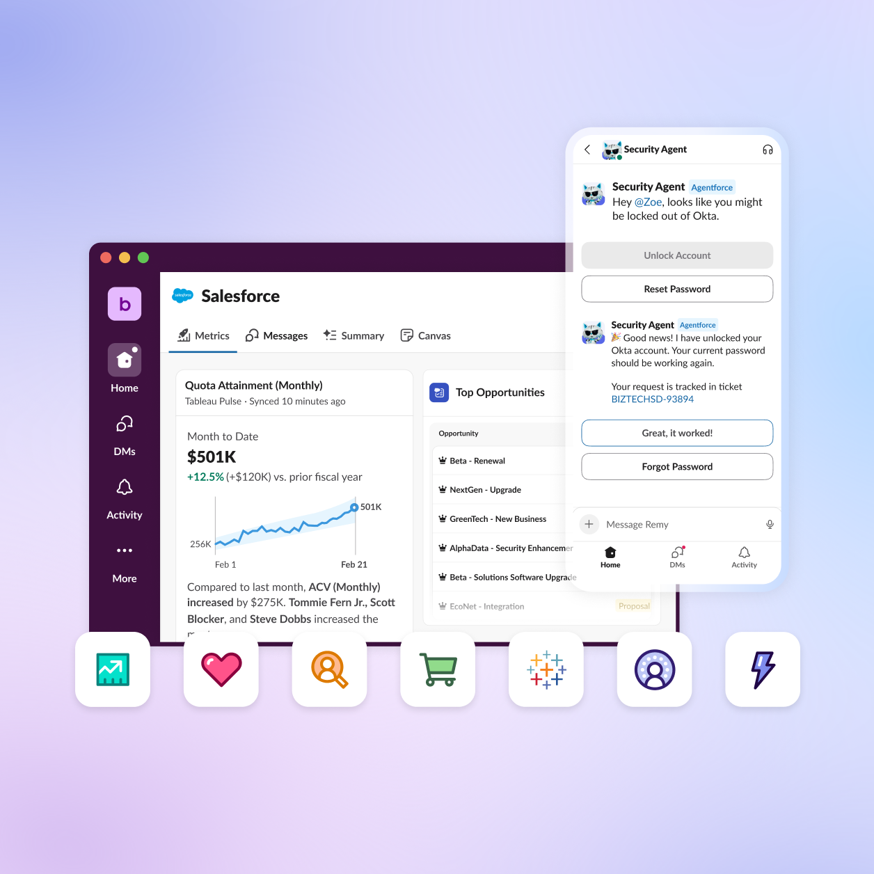 image of Slack UX integrating with Salesforce's CRM