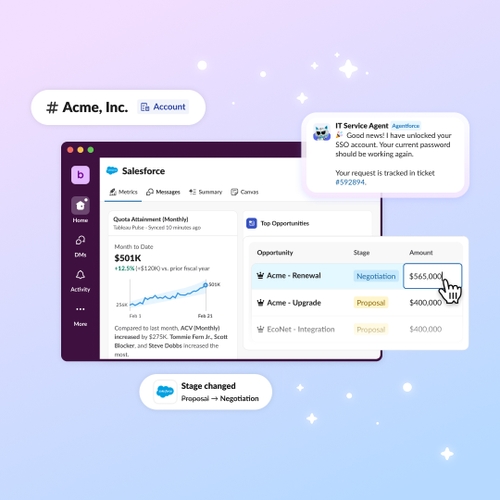 Slack interface showing Salesforce app, Agentforce, Salesforce channel, lists, Tableau, and activity notification built in.