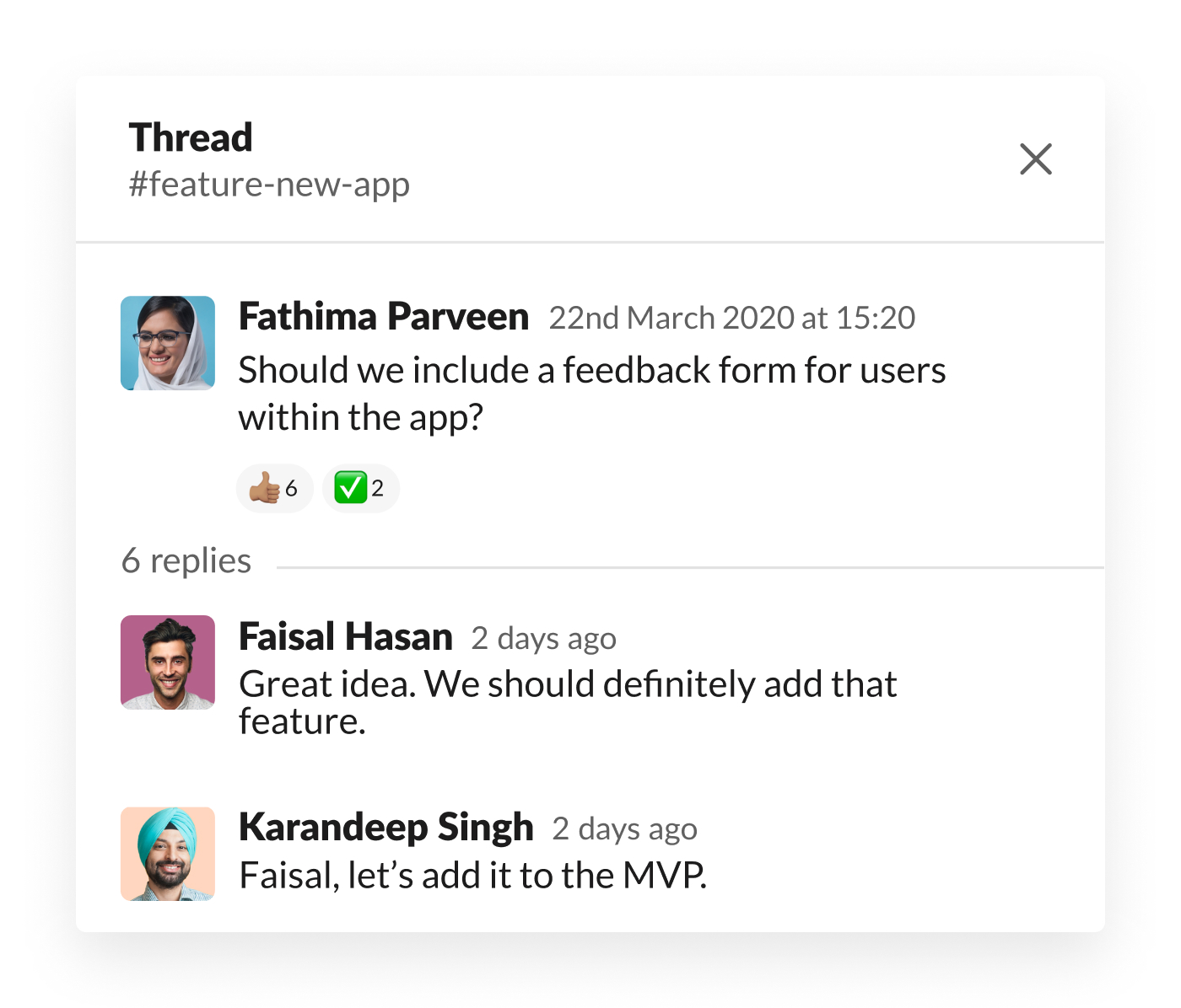 Slack thread discussing feedback form for users in app