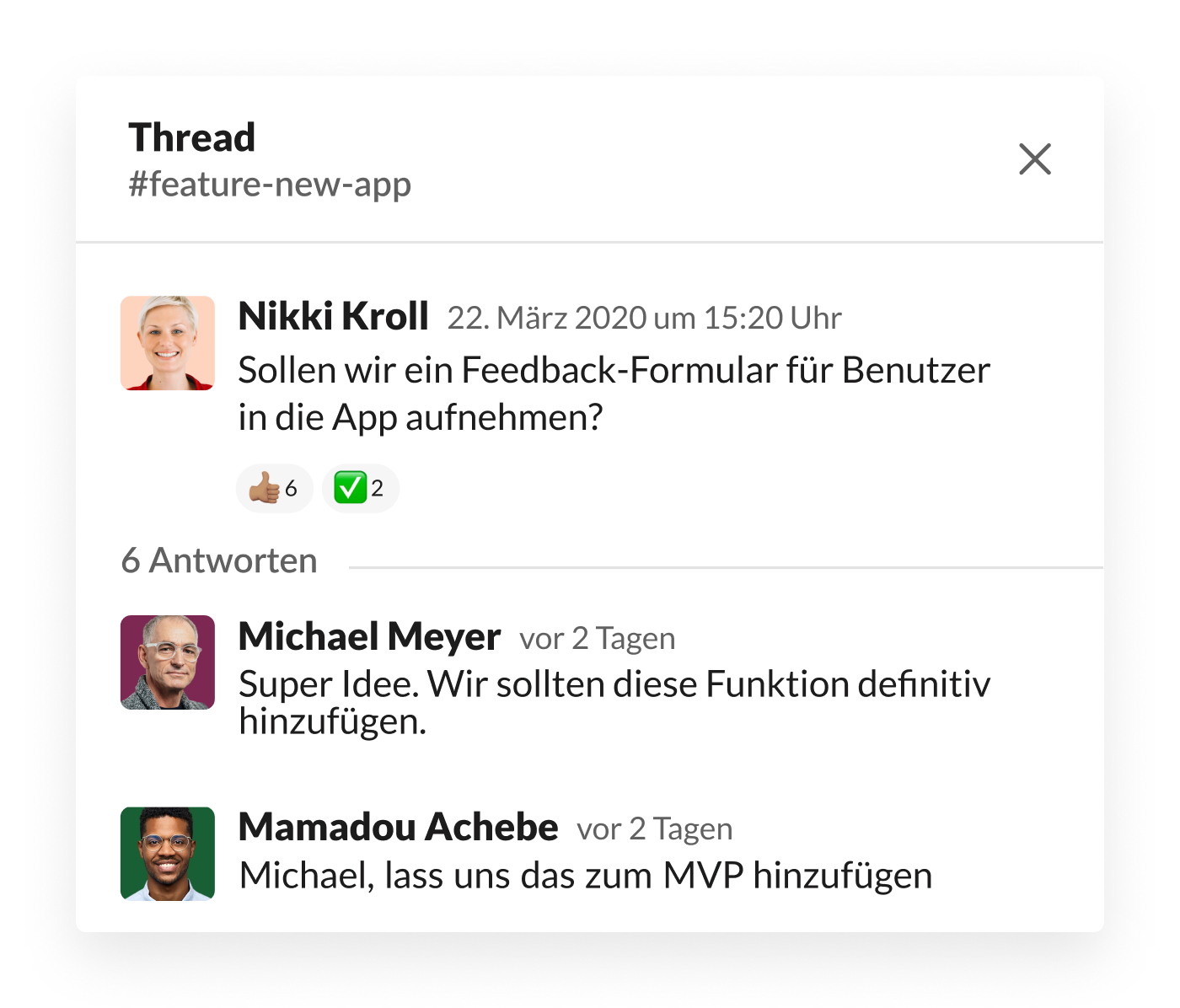 Slack-Thread zum Thema Feedback-Formular für App-Benutzerinnen bzw. App-Benutzer