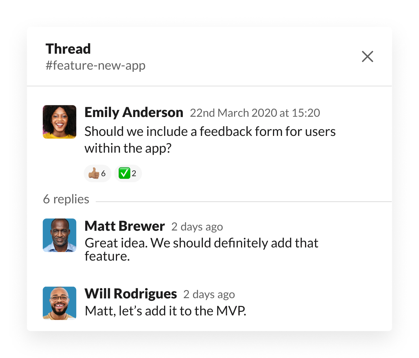 Slack thread discussing feedback form for users in app