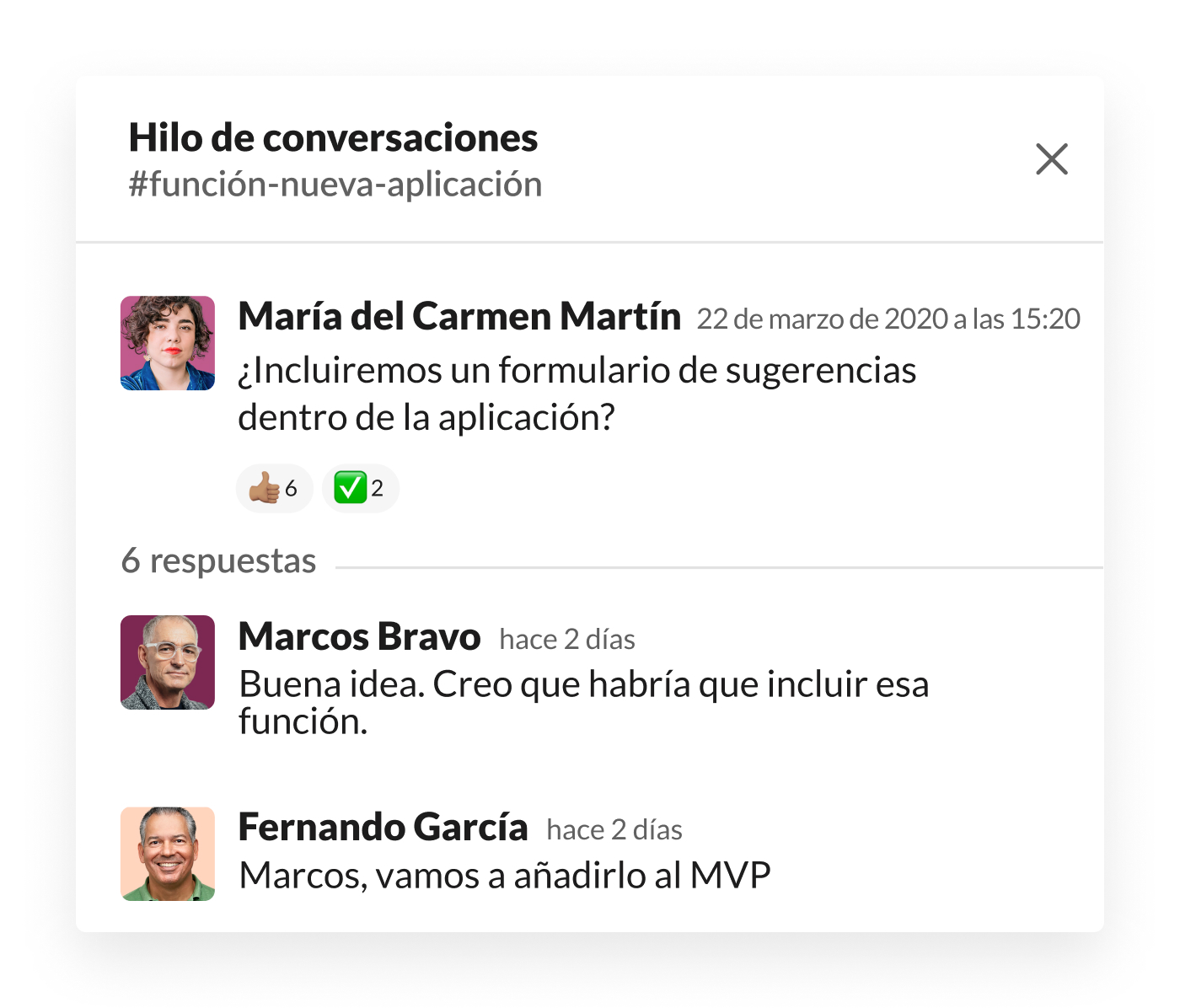 Hilo de la conversación de Slack en el que se habla sobre el formulario de sugerencias de los usuarios en la aplicación