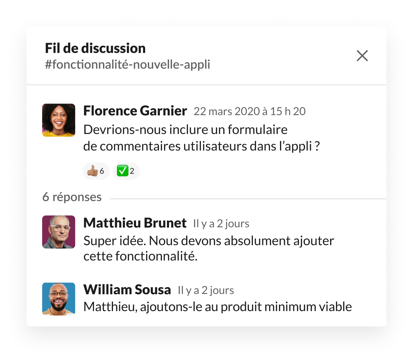 Fil de discussion Slack traitant du formulaire de commentaire pour les utilisateurs dans l’appli