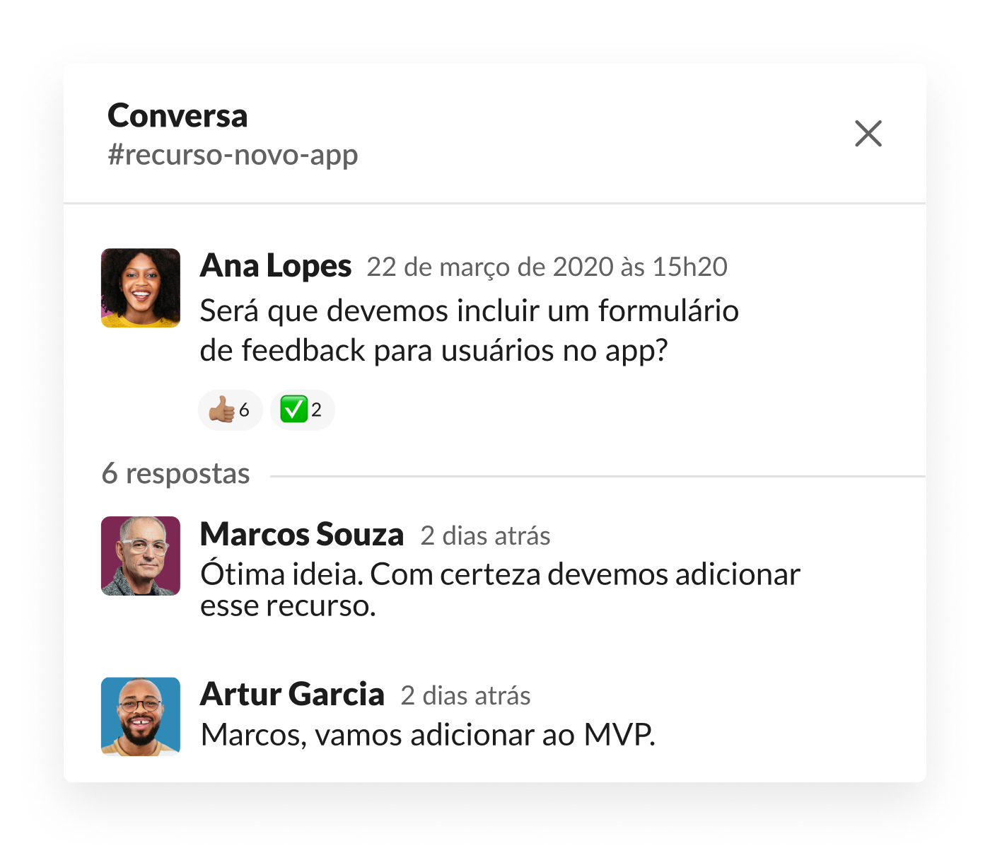 Conversa no Slack sobre o formulário de feedback para usuários no app